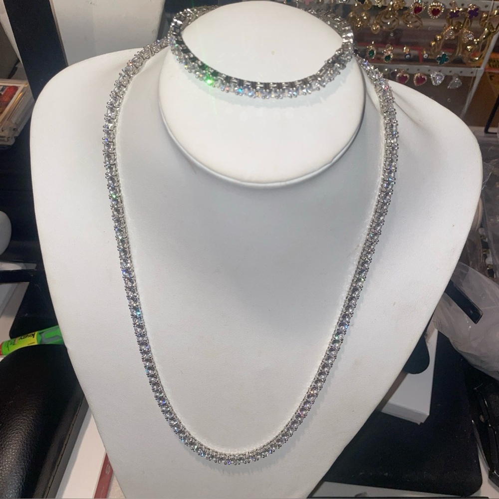 Solid 925 Sterling Silver 6mm Cubic Zirconia Tennis Chain Combo - Unisex 24”